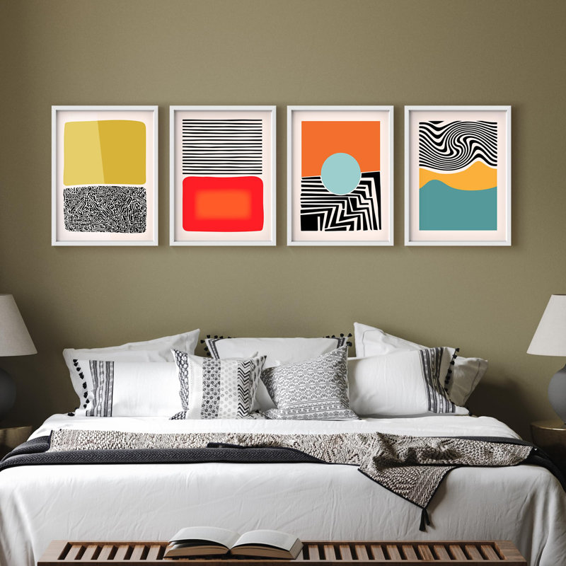 "Décoration murale abstraite avec vagues géométriques", 4 pièces, Blanc, H 14 po x l 11 po