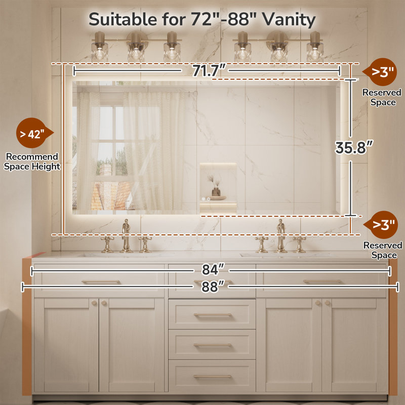 Beveled LED Backlit Bathroom Vanity Mirror, 36" x 72"