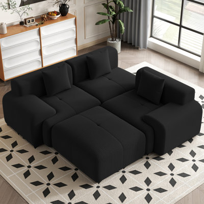 Boneless 120''W Mordern Design L Shpaed Corduroy Sectional Sleeper Compression Sofa With Ottoman