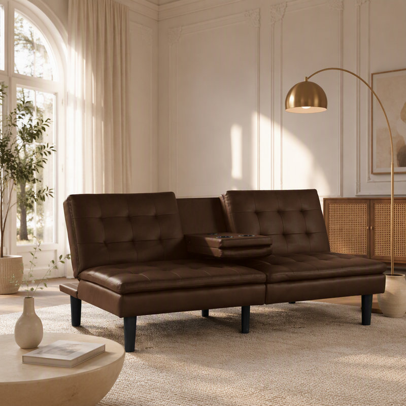 Canapé-lit futon contemporain avec capitonnage biscuit, table rabattable, porte-gobelets et chargeurs USB pour une assise et un sommeil flexibles