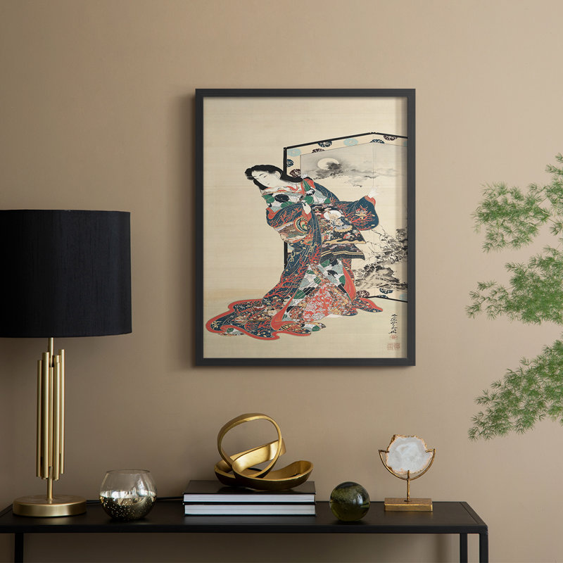 Reproduction encadrée vintage en bois massif rétro du Japon, H 15 po x l 12 po, Noir, noir, noir, noir