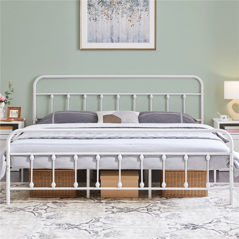 White King Metal Platform Bed with High Headboard and Slats