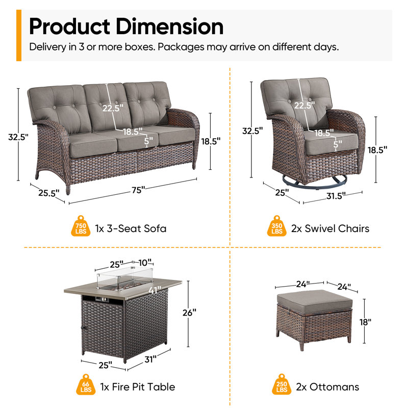 Ensemble de conversation pour patio en rotin 6 pièces avec table rectangulaire et chaises pivotantes Fiorillo, Gris