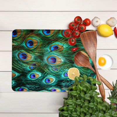 Planche à découper et à servir en verre coloré à motif de plumes de paon, parfaite pour la cuisine et la décoration intérieure