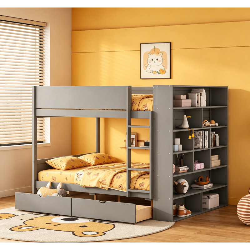 Lit superposé double au-dessus de double avec 2 tiroirs et armoire à couches multiples, peu encombrant et durable pour les familles en pleine croissance, gris