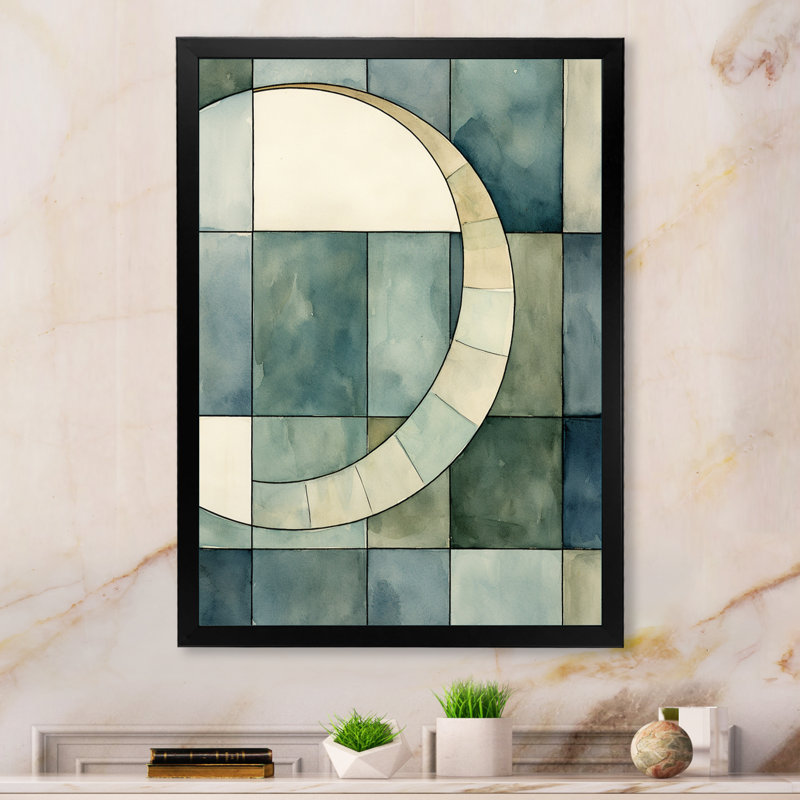 Mid-Century géométrique Moon Dreams rétro bleu I sur toile, H 20 po x l 12 po x P 1 po, Cadre simple noir