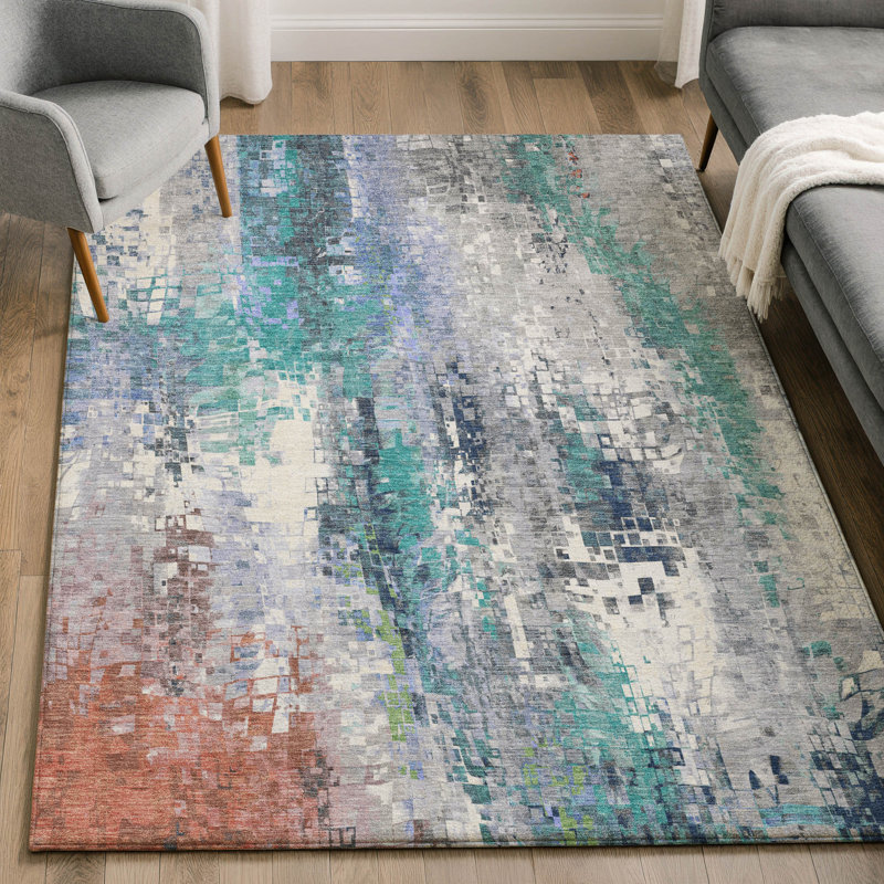 Premium Machine Washable Mayfield AMF2254 Abstract Rug, Teal, 9' x 12'