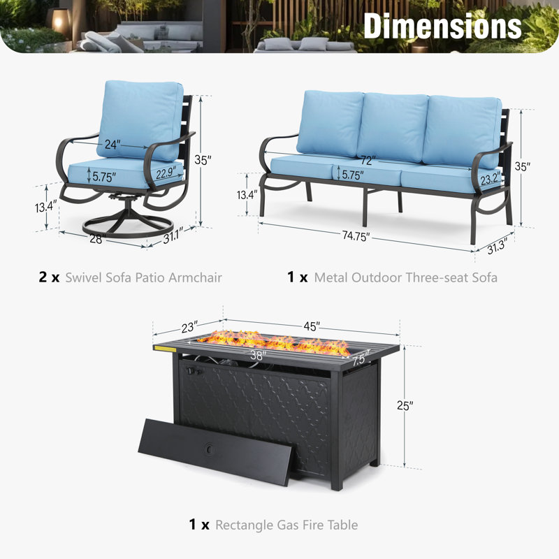 Tapasi 5 - Person Patio Conversation Set with Swivel Lounge Chairs &  Firepit Table, Blue