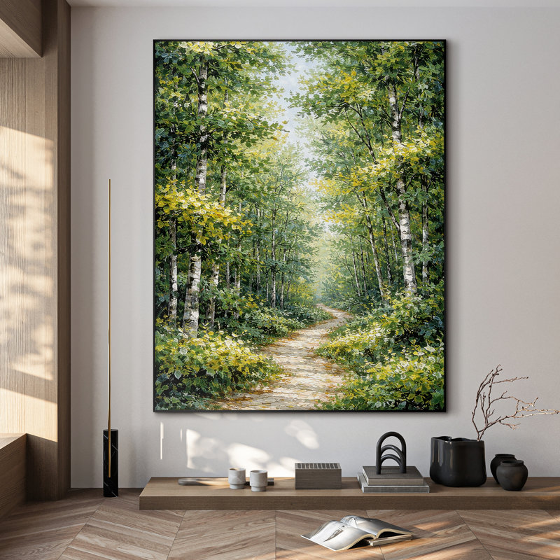 Très grand art mural imprimé sur un sentier forestier ensoleillé entouré de bouleaux verts luxuriants pour le salon ou la chambre à coucher - «Assemblage requis du cadre (cadre non fini)»