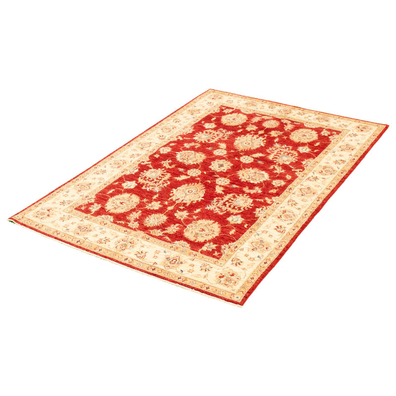 Tapis décoratif en laine noué à la main de conception unique 5 pi x 7 pi 7 po « New Age » rouge/Ivoire/beige