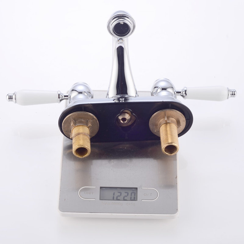 Chrome Polished Brass Centerset Faucet 4" L White 2 Handles Labelled Hot and Cold, Chrome
