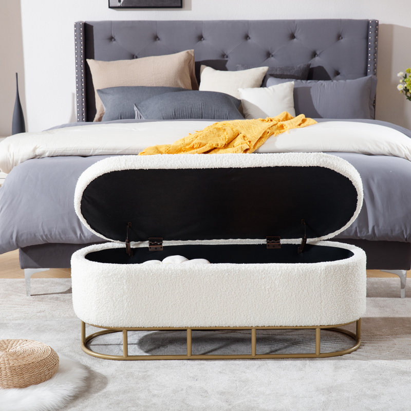 Morganstern Sherpa Fabric Upholstered Oval Storage Bench with Metal Legs