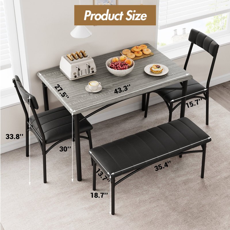 Ensemble de table de salle à manger pour 4 personnes, table de cuisine avec banc rembourré et 2 chaises, peu encombrant, Grey