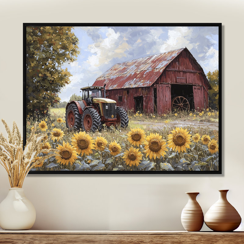 Diyora campagne côté tournesols avec tracteur ferme I - tournesols, art mural, Noir, noir, noir, noir, H 12 po x l 20 po