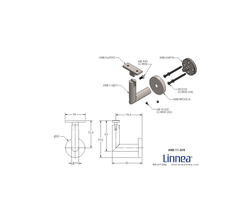 Surface Mount Handrail Bracket with Round Rose and Flat Plate, Satin Stainless Steel