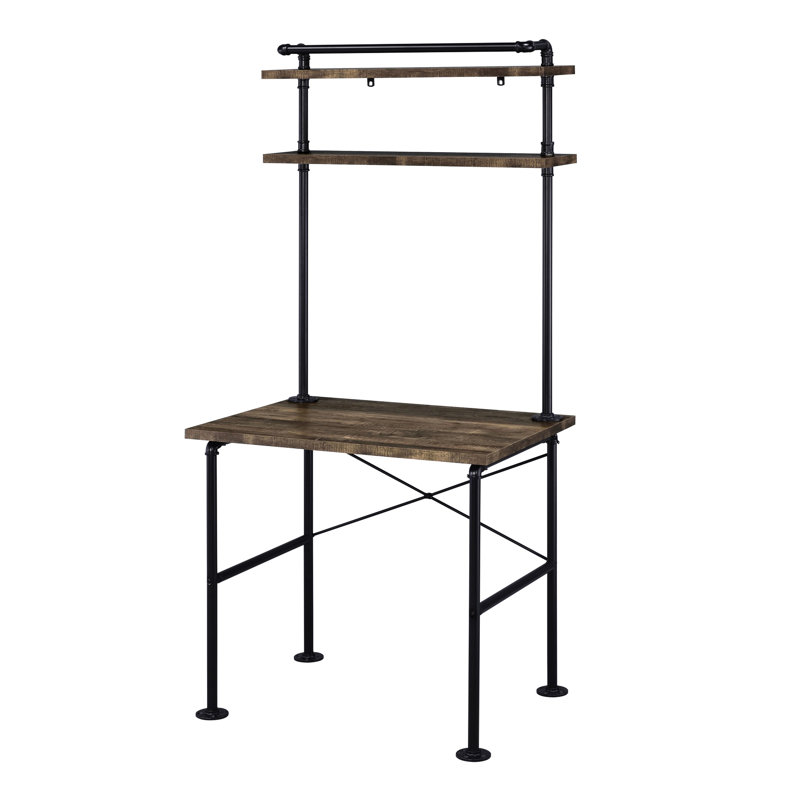 Bureau rustique moderne avec plateau en panneau de particules épais de 25 mm et pieds en métal avec décorations en chêne