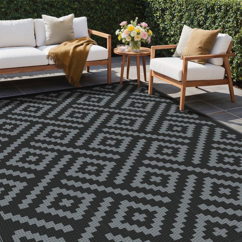 Shimeek Outdoor Mat for Patio Clearance, Waterproof Reversible Plastic Camping Rugs,Black & Gray, Rectangle 5' x 8'