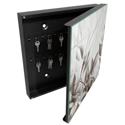 Key box for wall, Opens to the right, 30x30x5, Black, Minimalist leaves on a plain background, 