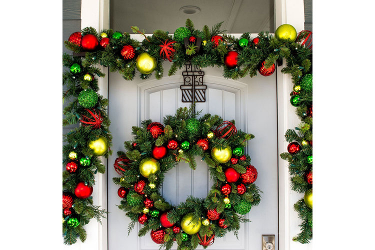 large christmas wreath large ornaments red yellow green