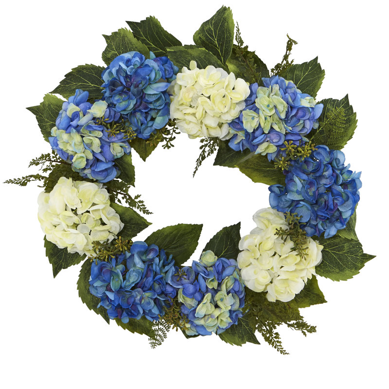 Faux Hydrangea Plastic 24'' Wreath, Blue/White, 24" H x 24" W x 5.75" D