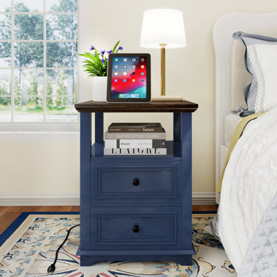 18 Inch Wide Nightstand With Charging Station, Side Table With Open Shelf, 2 Drawers Wood Dresser, End Table For Bedroom & Living Room