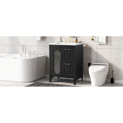 Meuble-lavabo de 24 po avec lavabo, bois massif et construction, noir, deux tiroirs, porte, tablette réglable, conception autoportante en verre céramique, style moderne, grand rangement en caoutchouc noir de 24 po, armoire