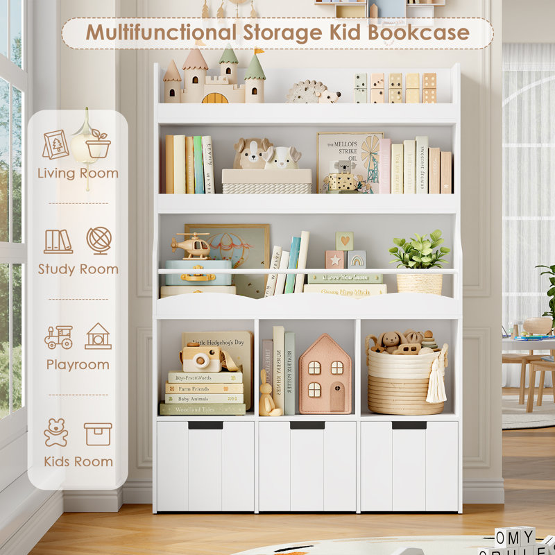 Bibliothèque 55,5 "H standard pour enfant avec 3 niveaux de bibliothèque, l 39,3" moderne avec rangement pour jouets pour chambre d'enfant, salle de jeux, jardin d'enfants, blanc
