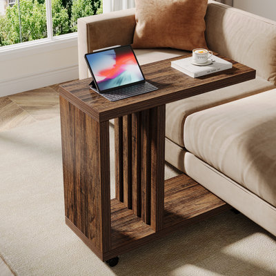 C Shaped End Table with Lockable Wheels, Rustic Wood Side Table for Living Room
