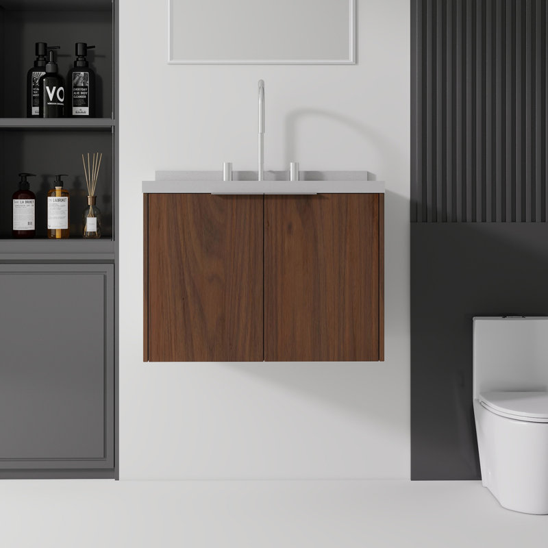 Meuble-lavabo flottant avec lavabo, avec porte à fermeture en douceur, comptoir en granite, contreplaqué, brun, Brown, 24" W