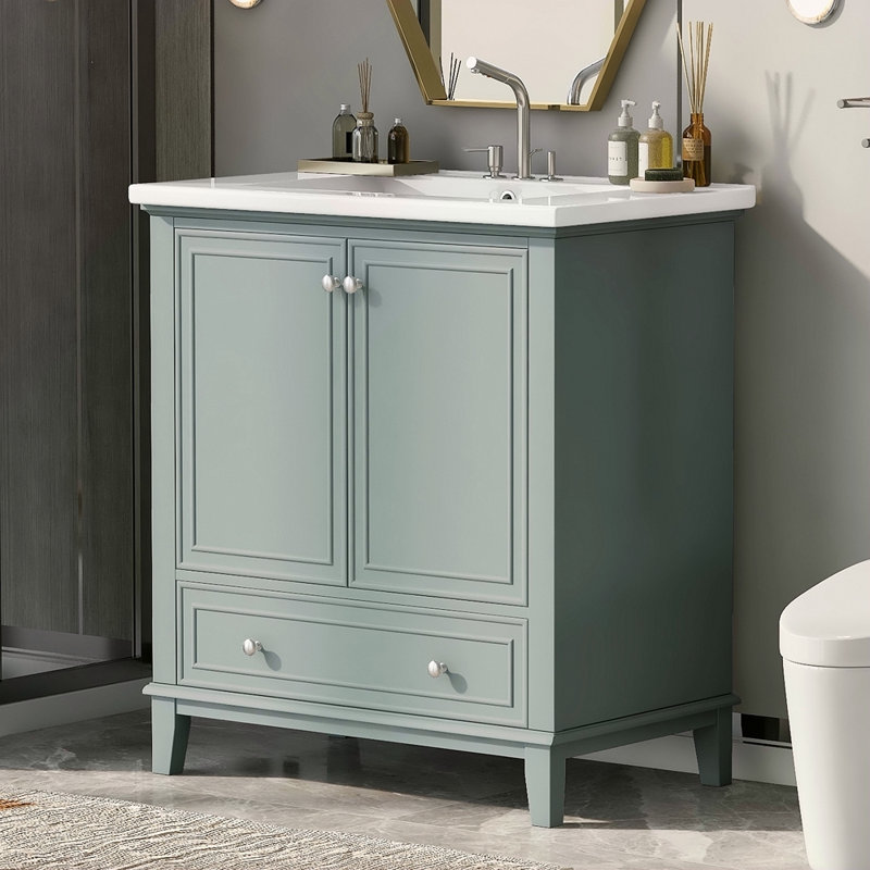 Ensemble de meuble-lavabo 30 po avec lavabo, armoire de salle de bain multifonctionnelle avec portes et tiroir, structure solide et panneau de fibres à densité moyenne