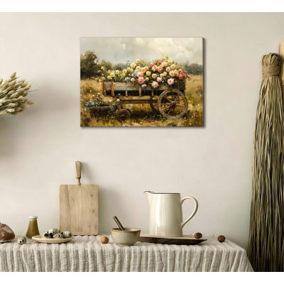 Farmhouse Yellow Flower Cart Canvas Wall Art Vintage Floral Landscape Wall Decor Picture Country Wildflowers，Solid Wood Frame Support,16" X 24"