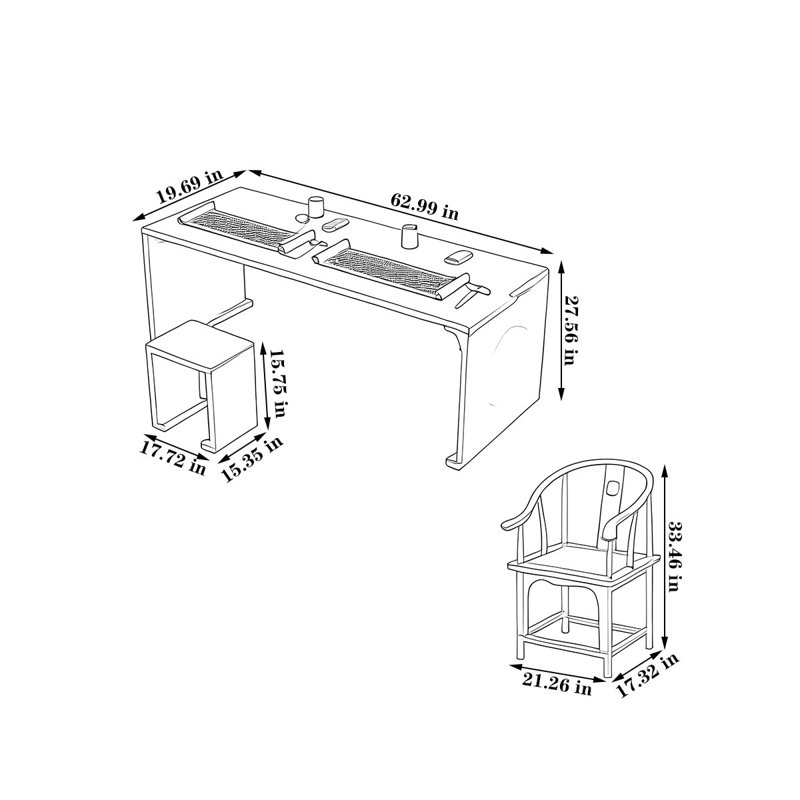 Bureau chinois classique en chêne massif, H 27,56 po x l 62,99 po x P 19,69 po