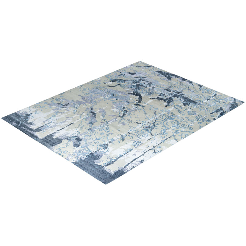 Modern Beige Hand-Knotted Wool and Silk Area Rug, 9' 4" x 12' 2"