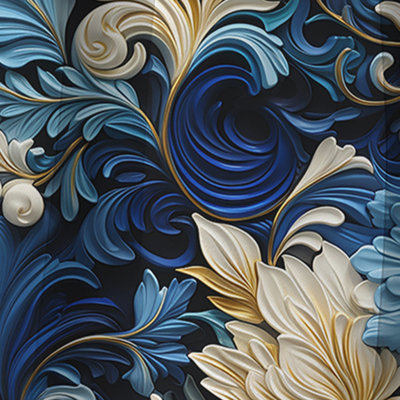 Blue Scrollwork Swirls Victorian Pattern Blackout Single Curtain Panel