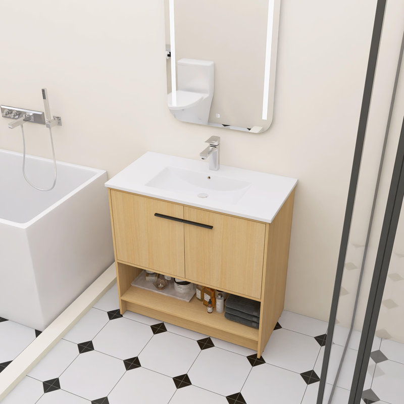 Meuble-lavabo de 36 po avec lavabo en céramique, 2 portes à fermeture douce et meuble-lavabo autoportant, Naturel