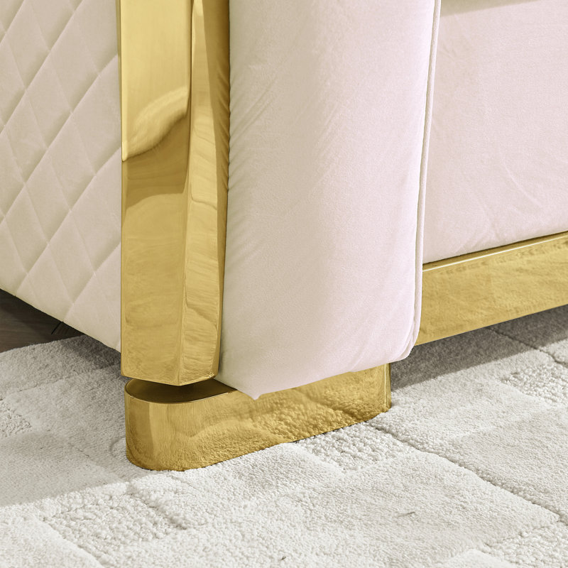 Canapé de luxe 84 po en velours capitonné avec décoration en acier inoxydable doré, Beige