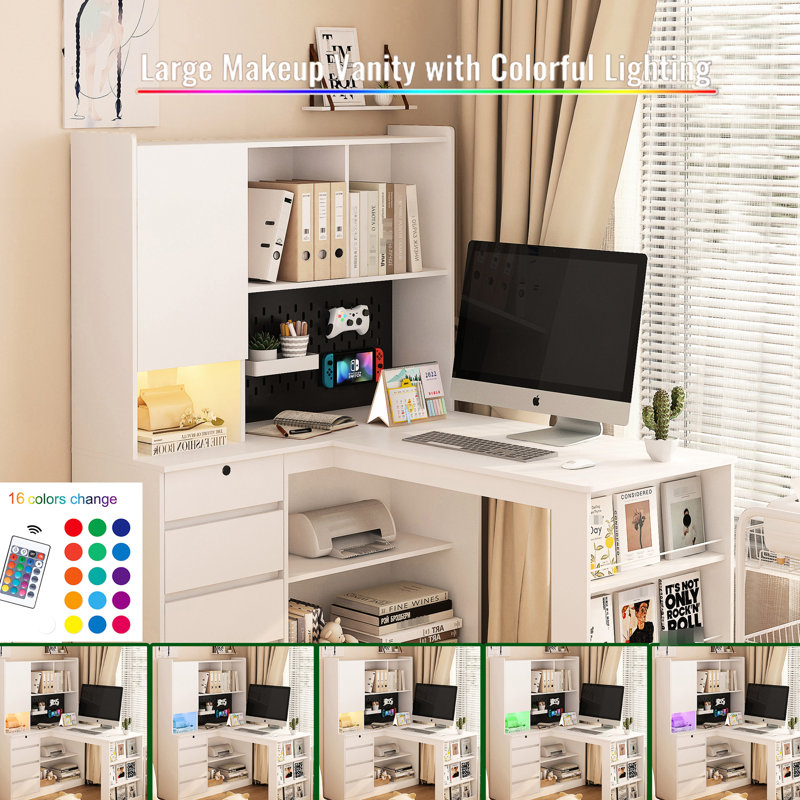 White L-shaped Desk With Paper Tray - Modern Home Office Storage And Charging Station L Shaped Table Lamp Space Writing