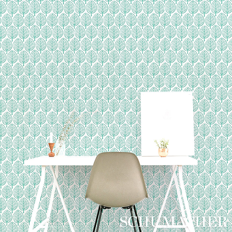 Schumacher x Molly Mahon Tree Wallpaper, Aqua