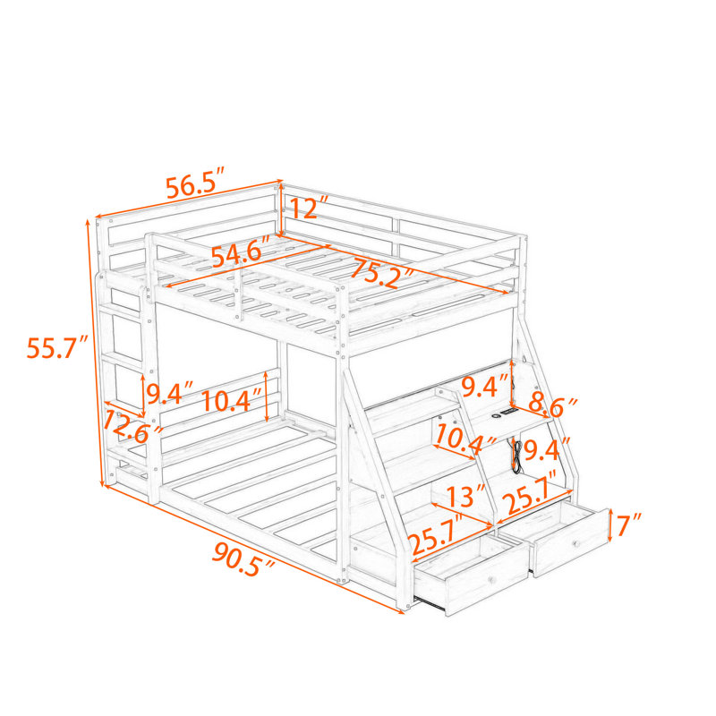 Lit superposé double avec 2 tiroirs en bois avec tablettes, Noir