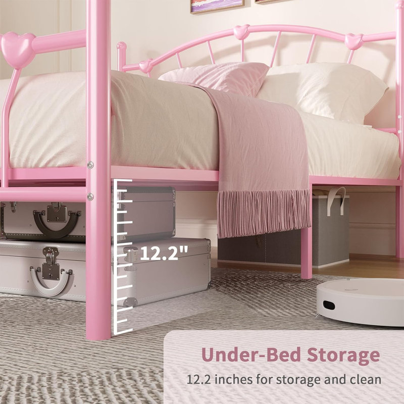 Metal Bed Frame,Heart-Shaped Decorative Headboard and Footboard, Heavy Duty Metal Slat Support, Pink, Full