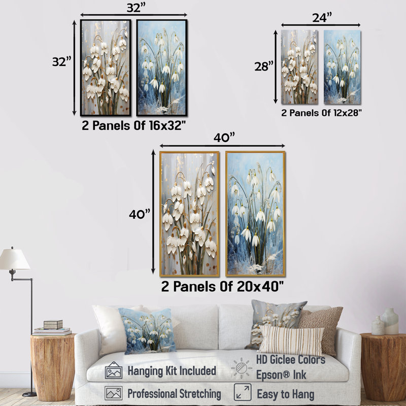 Ensemble de 2 impressions sur toile Modern Blue and Gold Snowdrops - Snowdrops, Cadre flottant blanc, H 28 po x l 25 po