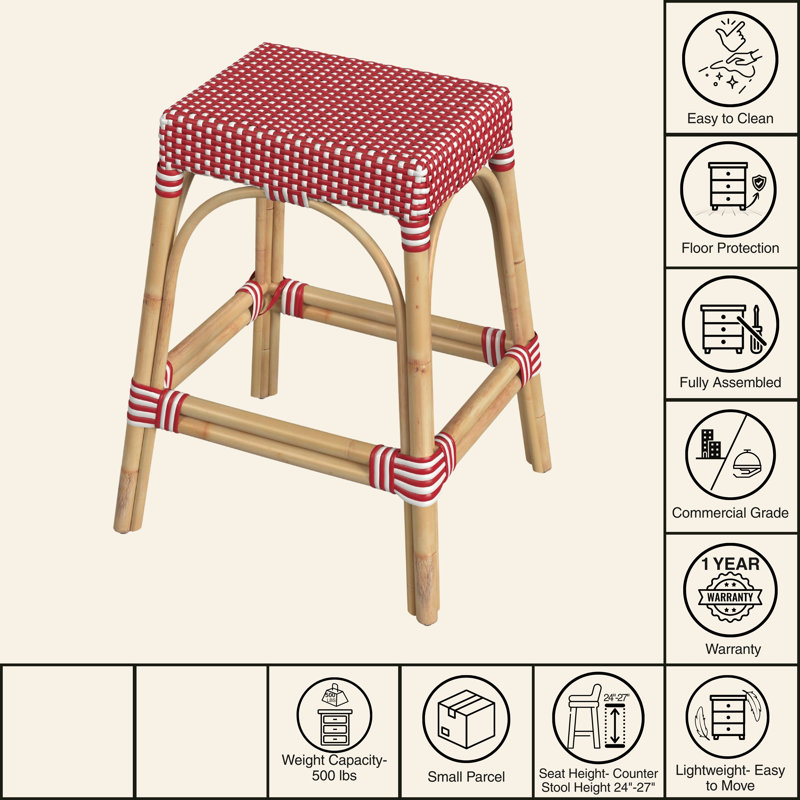 Robias Rattan Bar & Counter Stool, Counter Stool (24.5" Seat Height), Red/White Dot/ Natural Rattan Frame