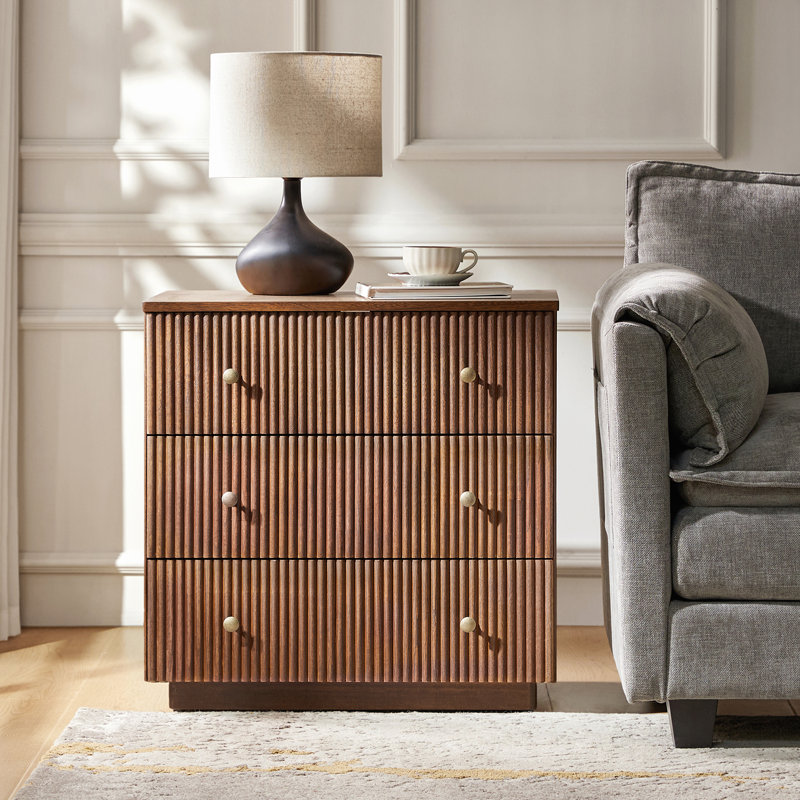 Kaybri 26''W Modern 3-Drawer Fully Assembled Fluted End Table with Solid Wood and Charging Station, Walnut