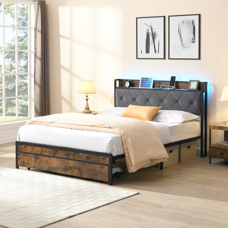 Grand cadre de lit tapissier avec lumières DEL et chargement USB, rangement plateforme avec 2 tiroirs, sans sommier - brun et gris