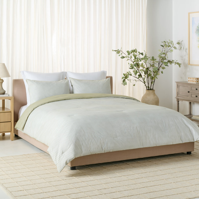 Ensemble d'édredon réversible à rayures, Édredon pour grand lit + 2 taies décoratives pou, Olive / rayures blanches