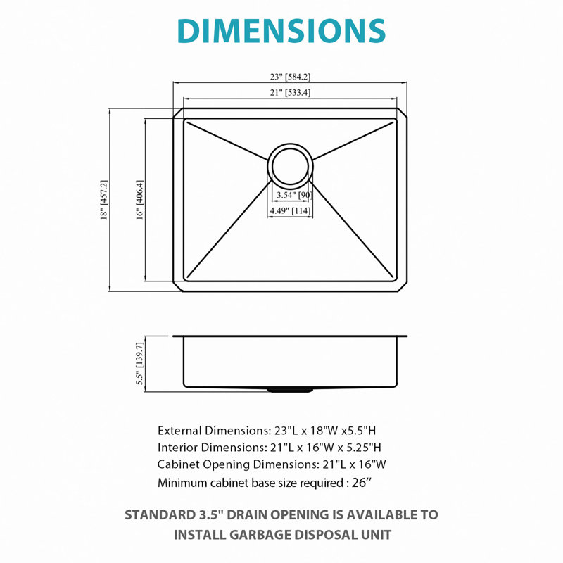 Kitchen Sink, 23" Undermount Sink 5.5" Low Depth ADA Compliant Single Bowl 16 Gauge Stainless Steel Handmade Sinks Basin