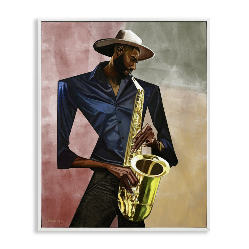 Giclée encadrée par un joueur de saxophone, design par Manasseh Johnson Sr, H 30 po x l 24 po