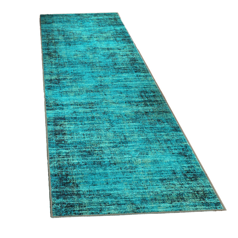 Washable Area Rug, Vintage Distressed Low Pile Non-Slip Foldable Retro Abstract Indoor Floor Carpet, Turquoise, 2'x6', Teal