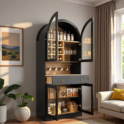 Armoire de bar Mid-Century arquée avec tablette réglable, grand tiroir, 5 crochets, 9 supports à vin, 3 porte-verres et portes en verre trempé
