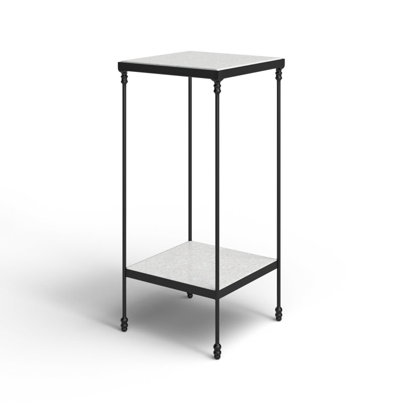 White Marble and Black Metal Square End Table with Shelf